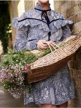 Hope And Ivy Marigold Blue William Morris Print Velvet Tie Dress; Size 18